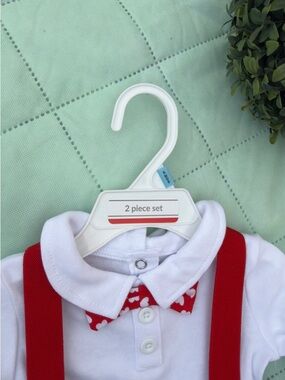 Baby Starters White Polo Romper with Red Bow Tie & Red Suspenders